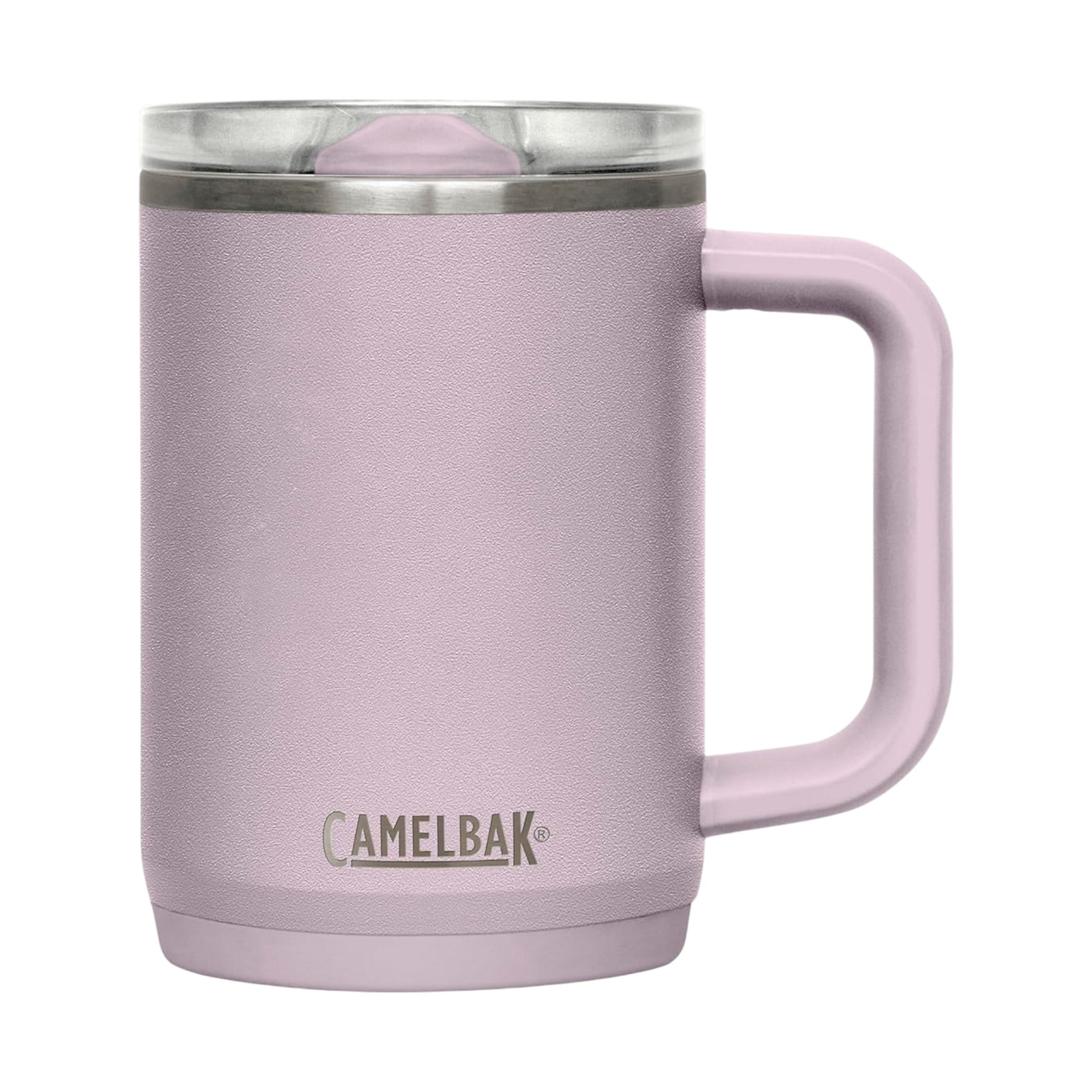 Caneca Térmica Thrive Camelbak 470ml rosa com tampa à prova de vazamentos e alça ergonômica, ideal para bebidas quentes e frias.