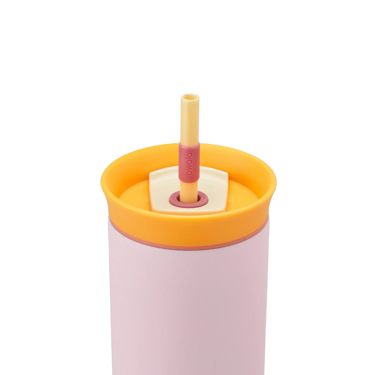 Copo Tumbler Térmico Owala - 710ml | 24oz rosa com tampa amarela e canudo, ideal para manter bebidas frias até 24h ou quentes até 6h.