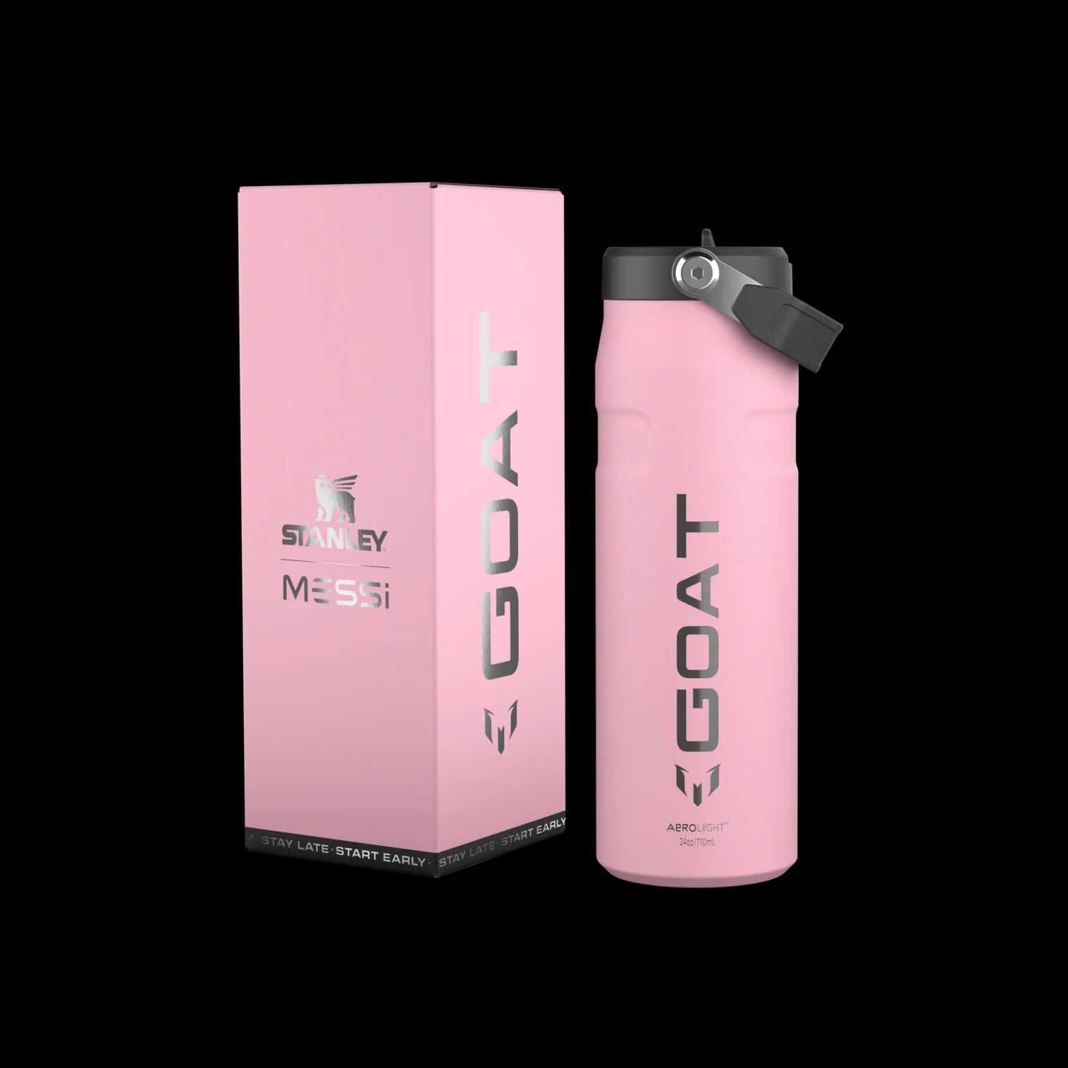 Garrafa Térmica Aerolight Flip Straw Stanley 710ml rosa com embalagem exibindo design GOAT.