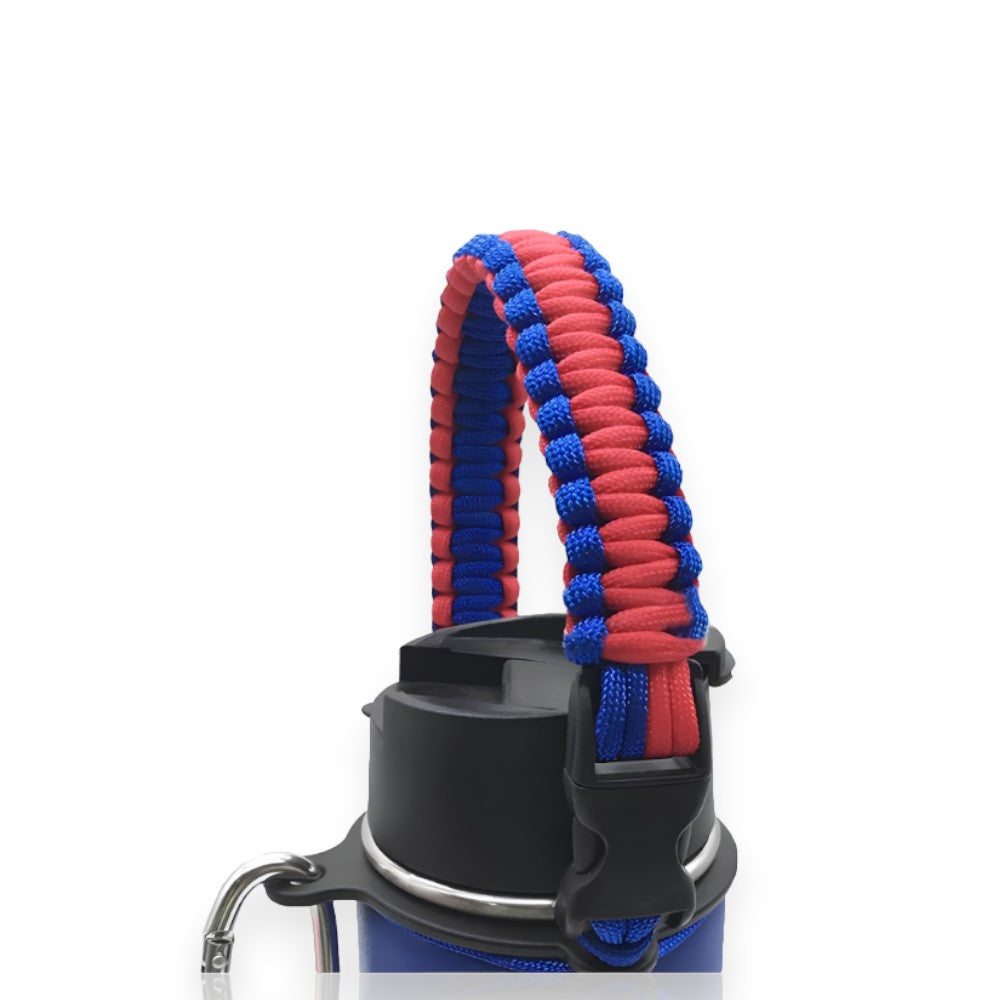 Alça de Mão - Bicolor de garrafa com design acolchoado em azul e vermelho para transporte confortável e personalizado.