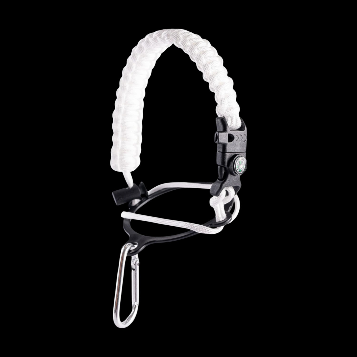 Alça para Garrafa Térmica de Mão com bússola, apito e pederneira em paracord branco, ideal para aventuras e segurança.