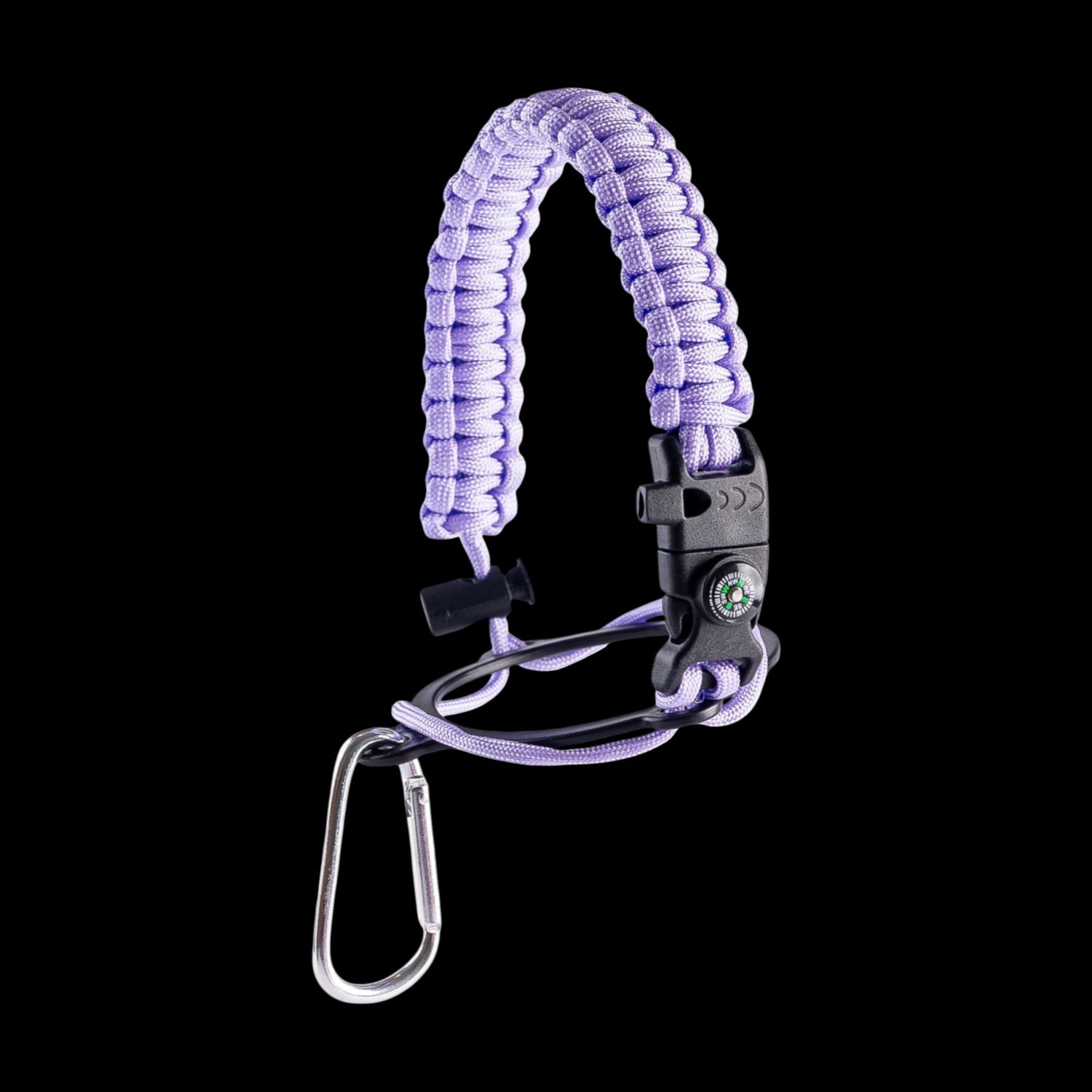 Alça para Garrafa Térmica de Mão com paracord roxo, bússola, apito e pederneira, ideal para aventuras e sobrevivência.