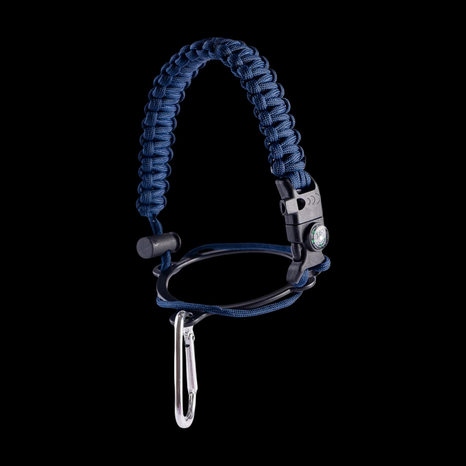 Alça para Garrafa Térmica de Mão com bússola, apito e pederneira em corda paracord azul para segurança e aventuras.