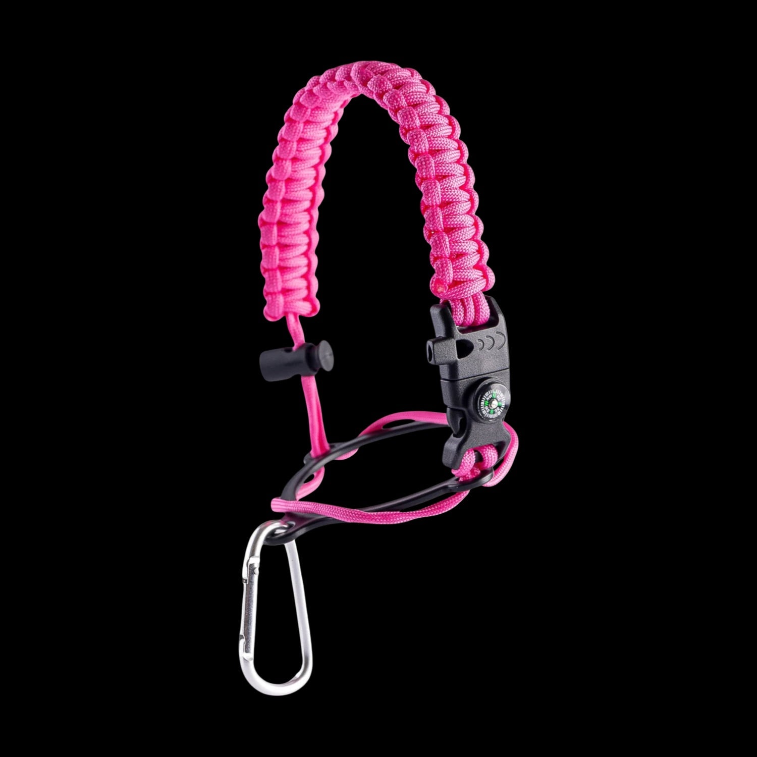 Alça para Garrafa Térmica de Mão com paracord rosa, bússola, apito, pederneira e mosquetão para aventuras e segurança.