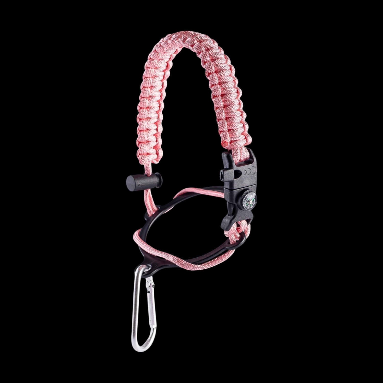 Alça para Garrafa Térmica de Mão feita de paracord rosa com bússola, apito e pederneira para aventuras seguras e práticas.