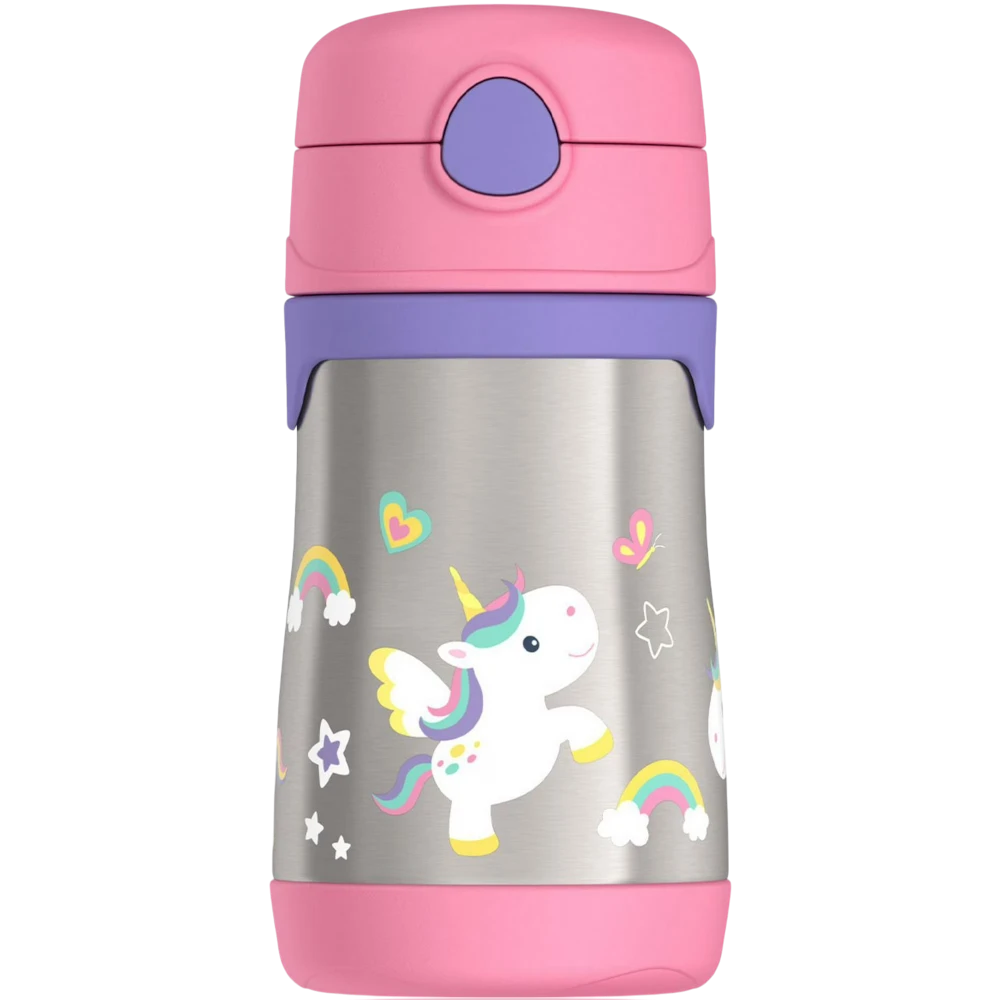 Garrafa Térmica Thermos baby - 290ml com design infantil de unicórnio, ideal para uso por crianças, destacando segurança e praticidade.