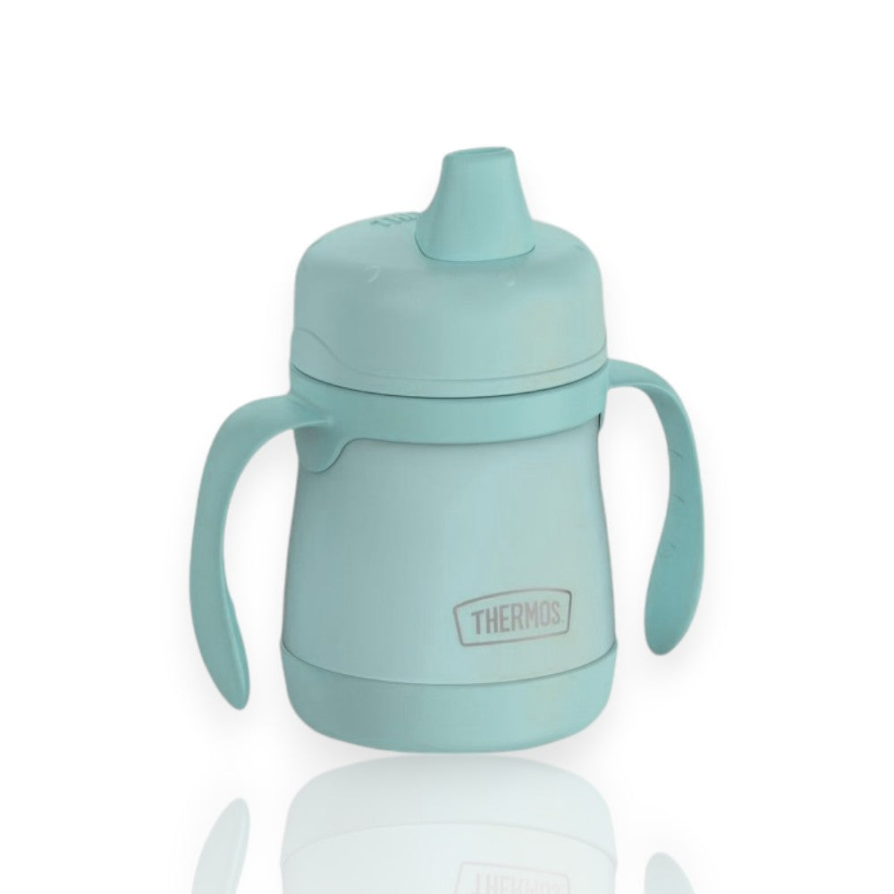 Caneca Térmica Thermos Baby - 210ml azul com alças, ideal para bebês entre 6 meses a 2 anos, antivazamento e fácil de manusear.