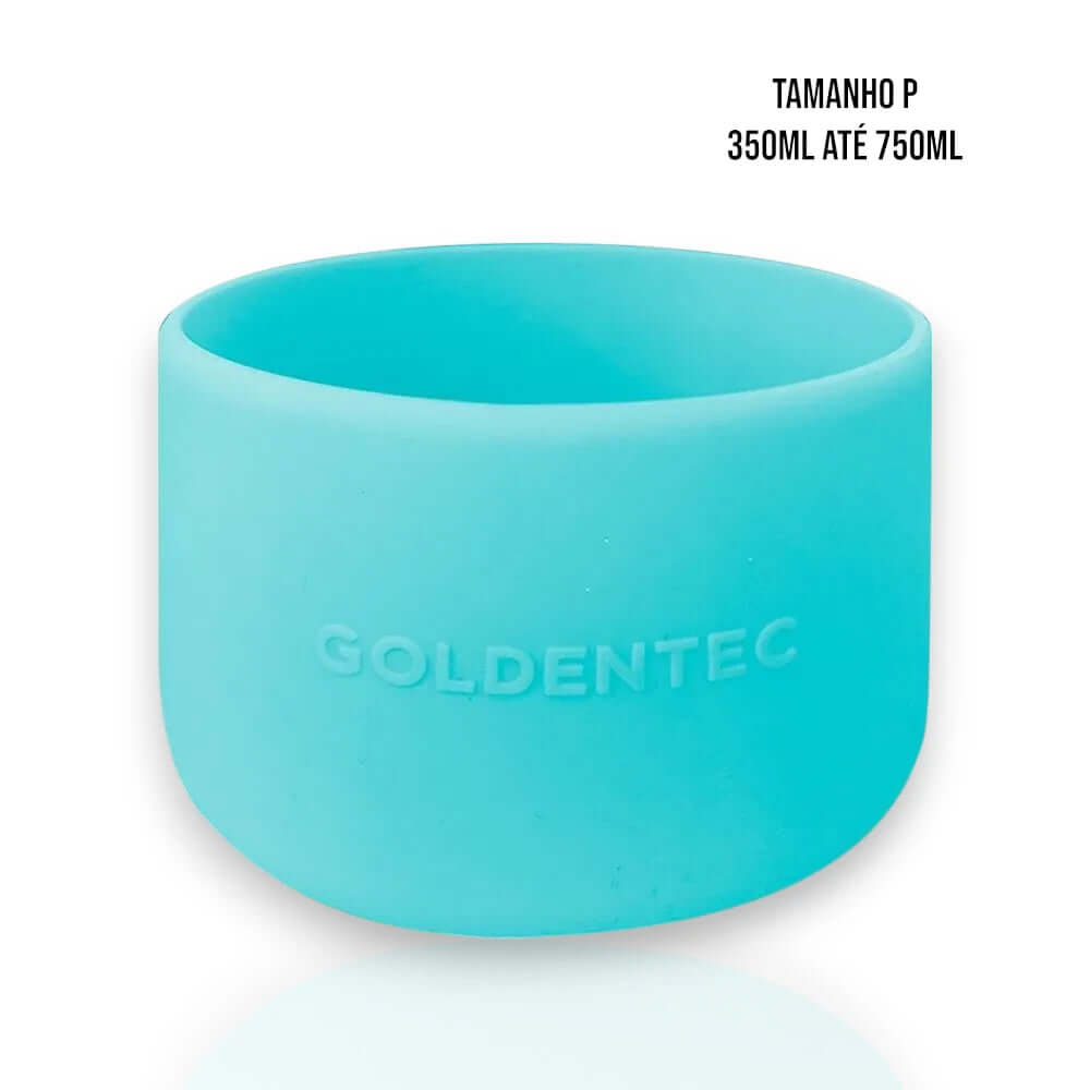 Capa de Silicone Goldentec P azul para garrafas térmicas de 350ml a 750ml, com proteção contra impactos e arranhões.