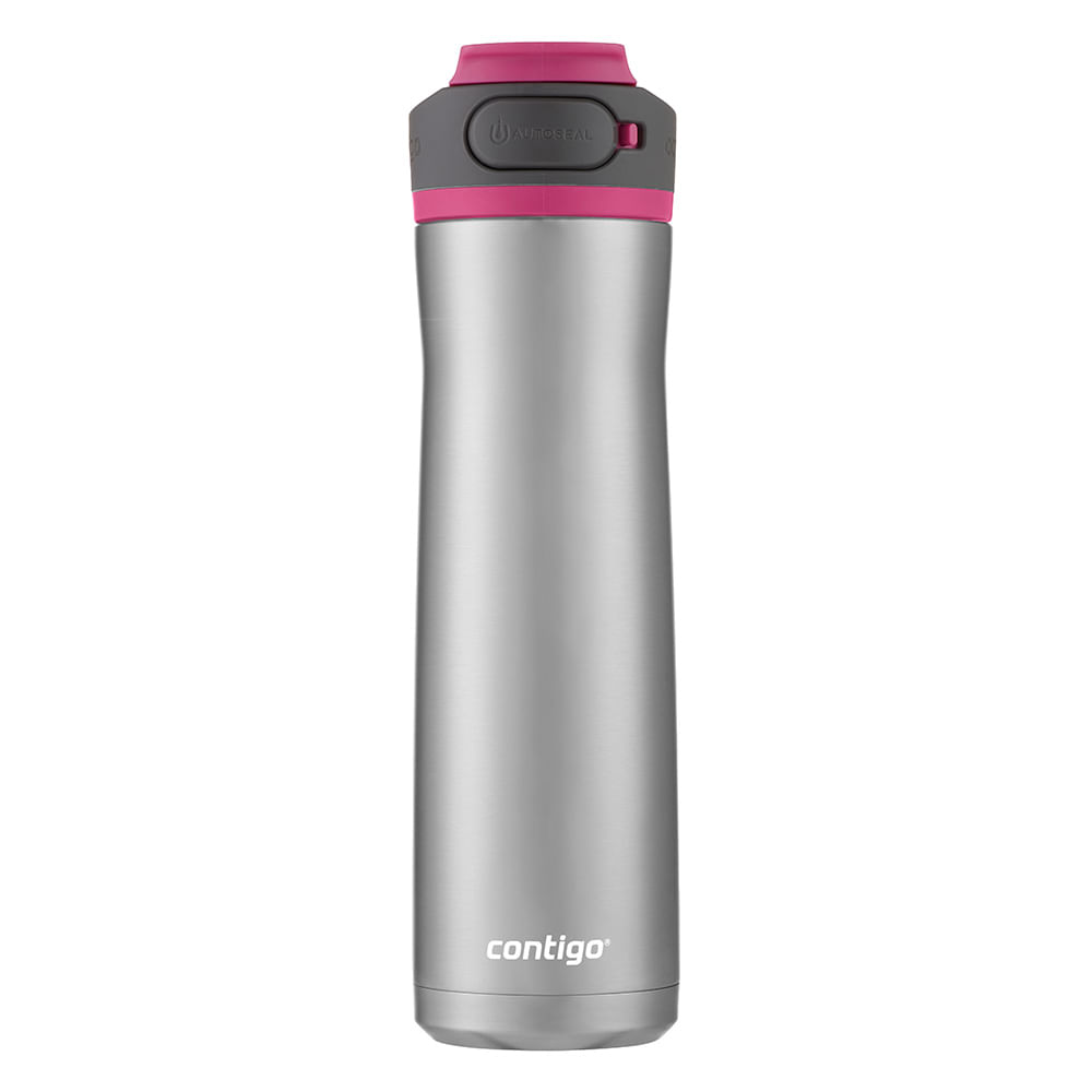 Garrafa Térmica Cortland Chill AUTOSEAL® Contigo | 709ml em prata com tampa rosa, ideal para bebidas quentes e frias, 100% à prova de vazamentos.