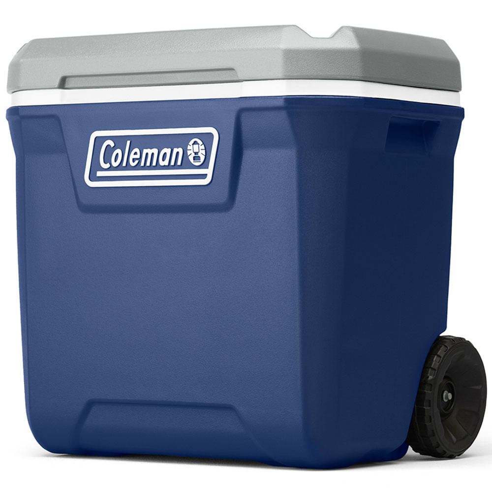 Caixa Térmica com Rodas 61,5L azul com tampa cinza, ideal para conservação térmica prolongada e transporte fácil em eventos ao ar livre.