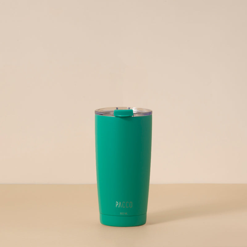 Copo Térmico PACCO ThermoCup 600ml verde com tampa transparente, ideal para manter bebidas quentes ou frias por longos períodos.