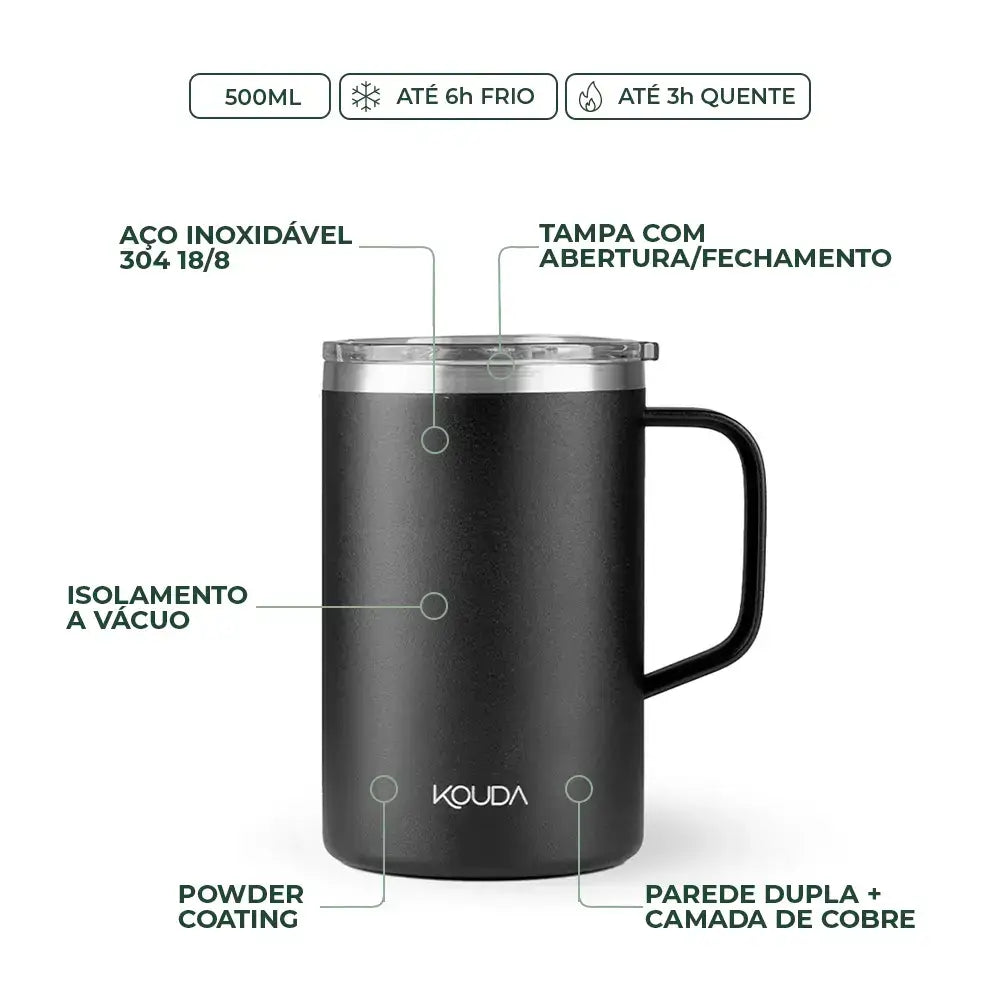 Caneca Térmica Kouda Helga – 500ml em aço inoxidável 18/8, com isolamento a vácuo e resistência térmica de até 8 horas.