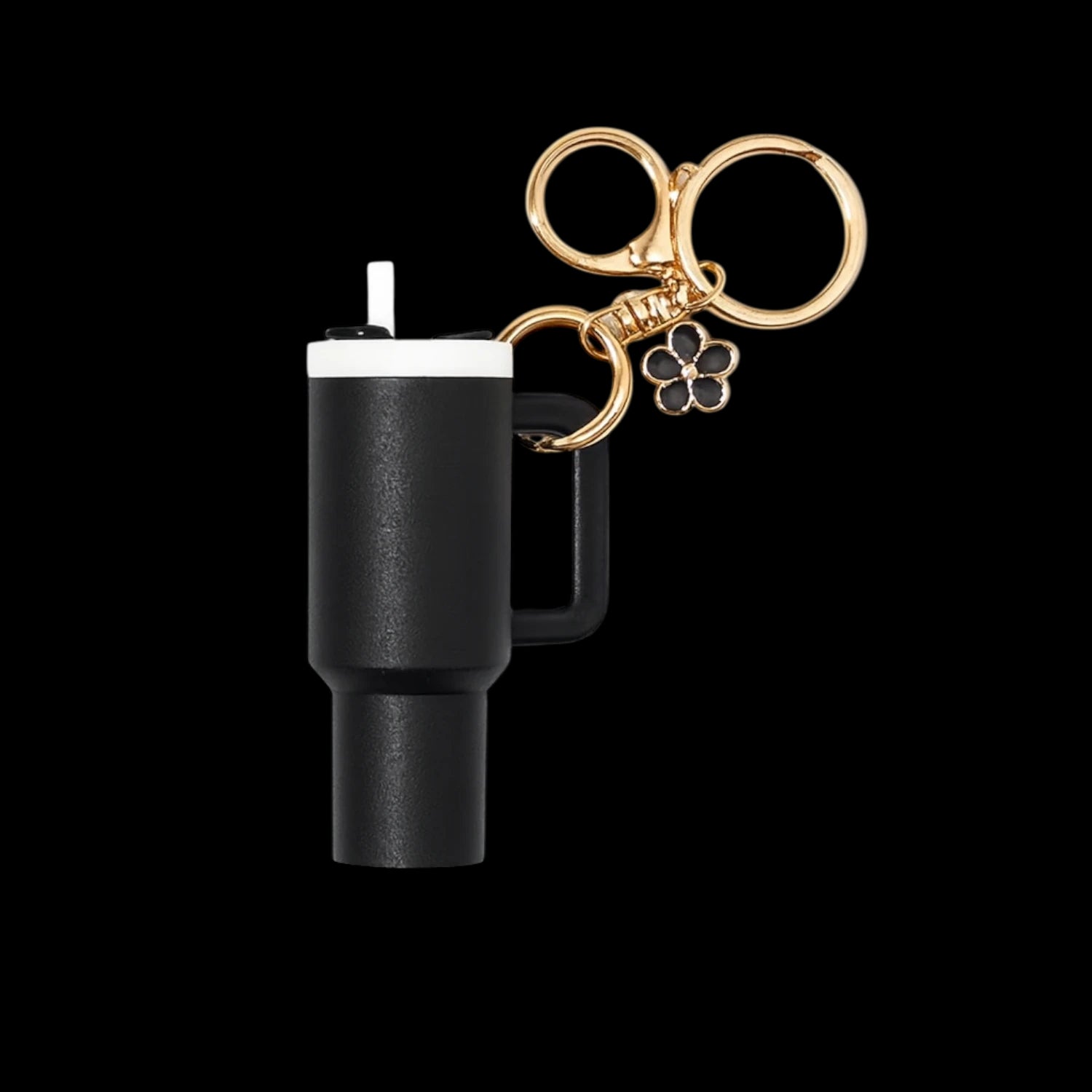Chaveiro Copo Stanley Quencher preto em design miniatura com argola dourada, ideal para expressar estilo autêntico e prático diariamente.