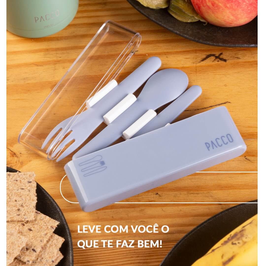 CONJUNTO DE TALHER EASY SET PACCO em estojo compacto e leve, ideal para refeições práticas e higiênicas em qualquer lugar.