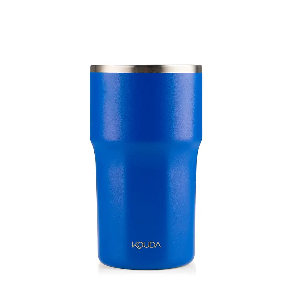 Copo Térmico Kouda Egeu 430ml em azul, ideal para manter bebidas quentes ou frias, com design moderno e eficiente conservação térmica.
