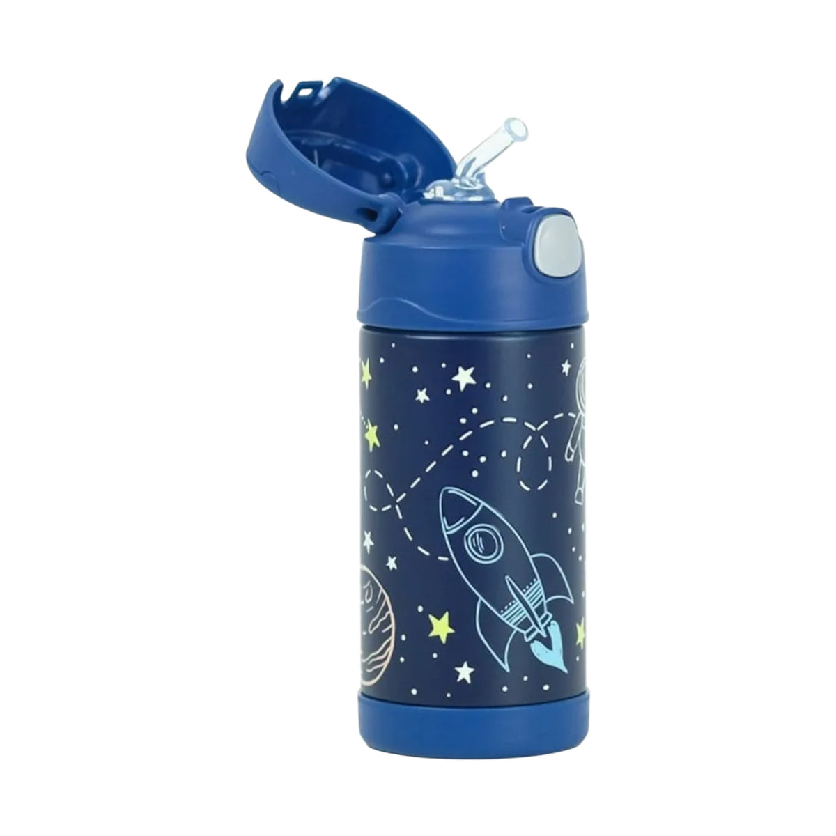 Garrafa Térmica Funtainer Thermos - 355ml com design espacial e canudo retrátil, isolada a vácuo, mantém bebidas frias por 12 horas.