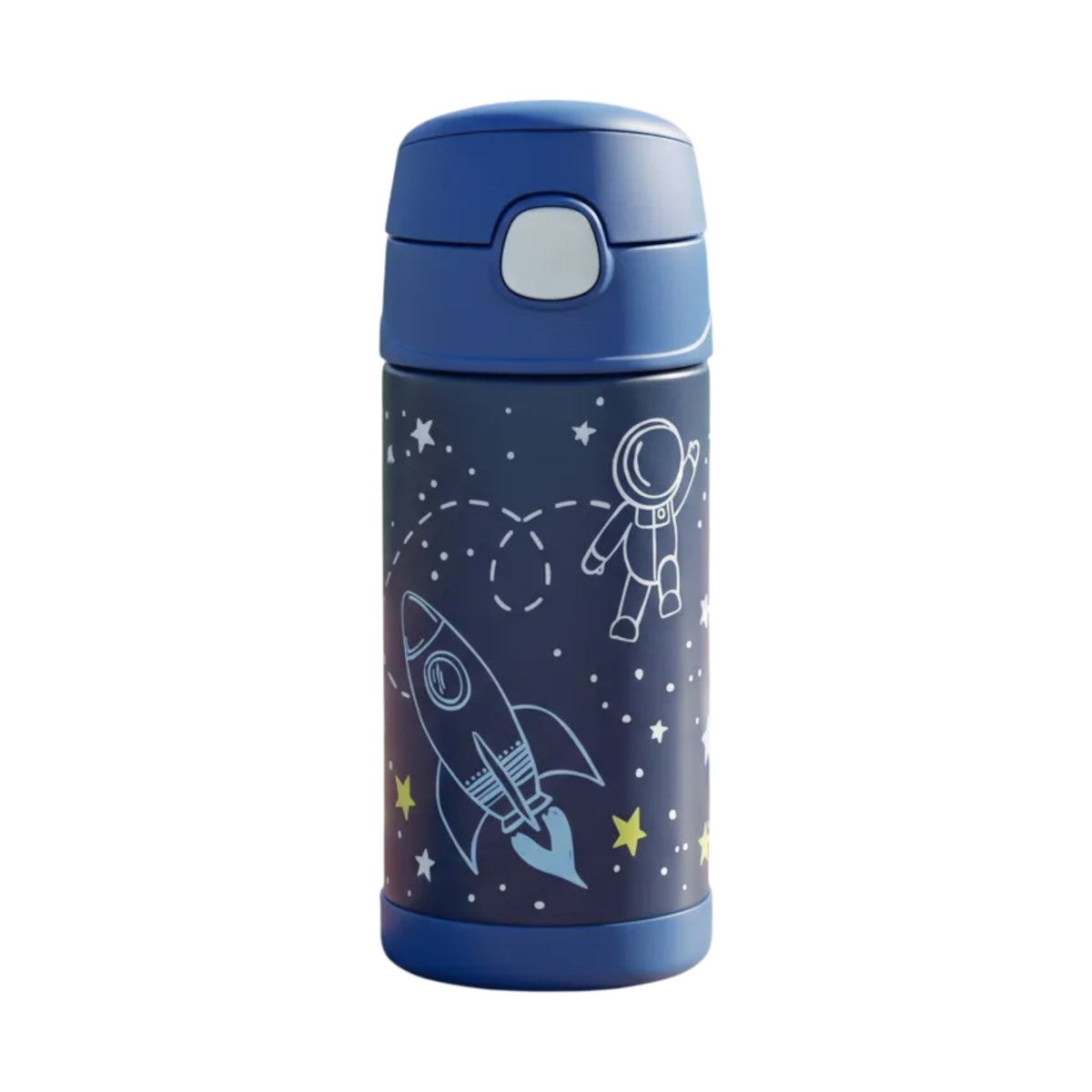 Garrafa Térmica Funtainer Thermos - 355ml com design de astronauta e foguete, ideal para manter bebidas geladas por até 12 horas.