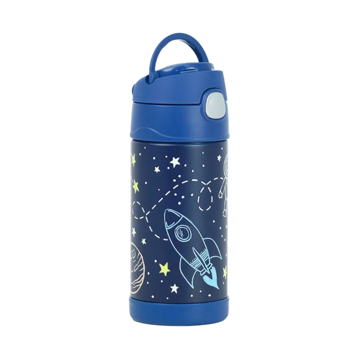 Garrafa Térmica Funtainer Thermos - 355ml azul com estampa de foguetes e estrelas, design infantil com canudo retrátil e isolamento a vácuo.