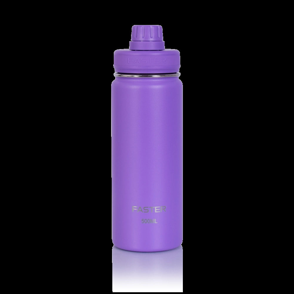 Garrafa Térmica Faster - 500ml roxa com design moderno e sustentável, ideal para academia e viagens, com garantia de 12 meses.