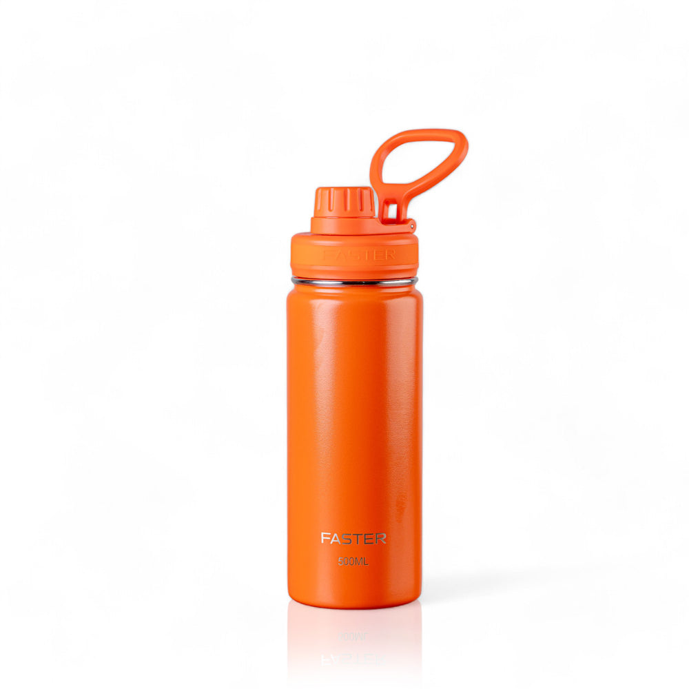 Garrafa Térmica Faster - 500ml em laranja, perfeita para manter a temperatura de bebidas e reduzir plásticos, ideal para viagens e academia.