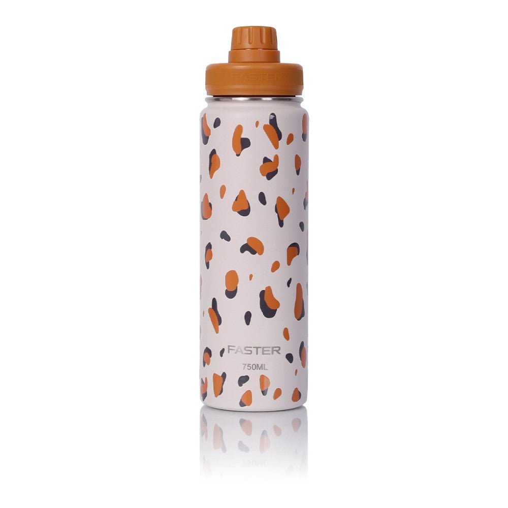 Garrafa Térmica Faster - 750ml com estampa de manchas coloridas e tampa laranja, em inox, para bebidas quentes e frias.