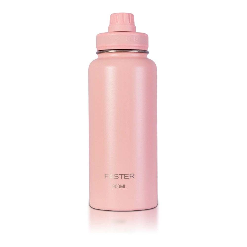 Garrafa Térmica Faster - 900ml rosa, mantém líquidos quentes por 12h ou frios por 24h, design compacto e aço inoxidável.