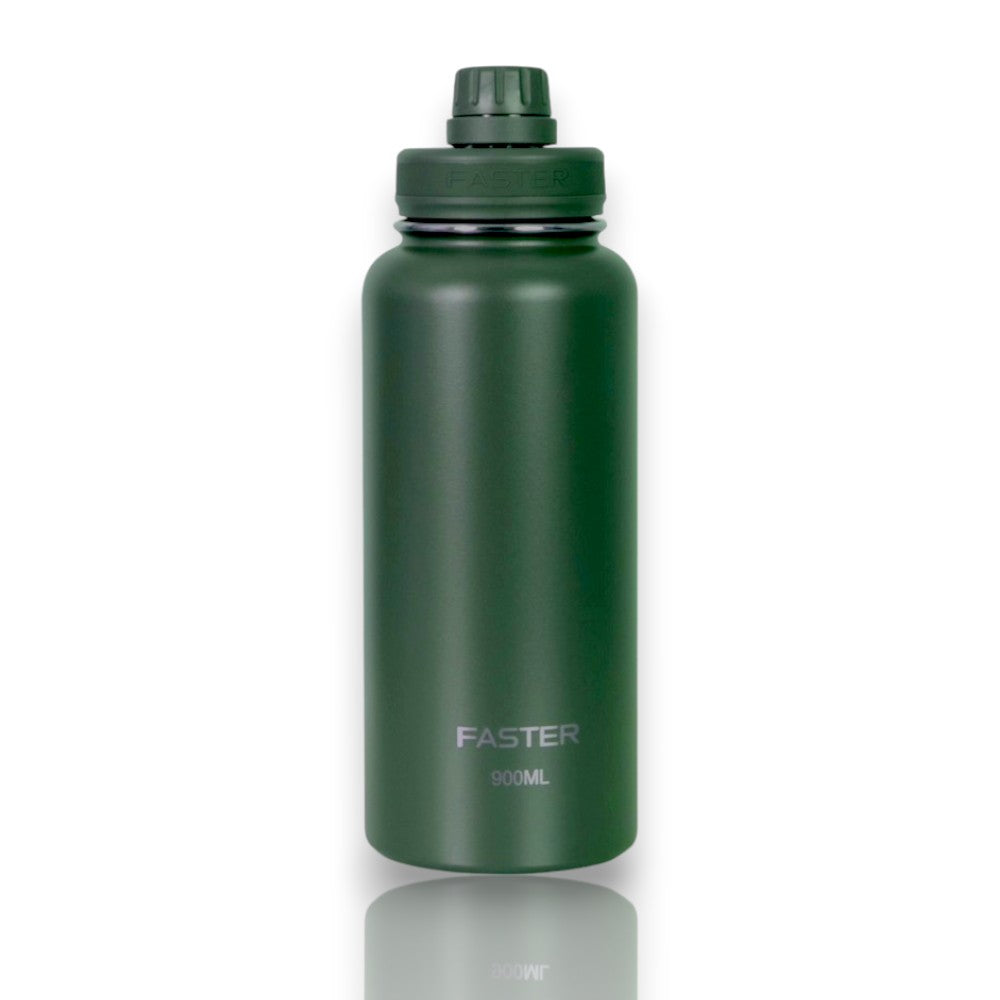 Garrafa Térmica Faster - 900ml verde, mantém líquidos quentes por 12h e frios por 24h, ideal para alta performance térmica e sustentabilidade.