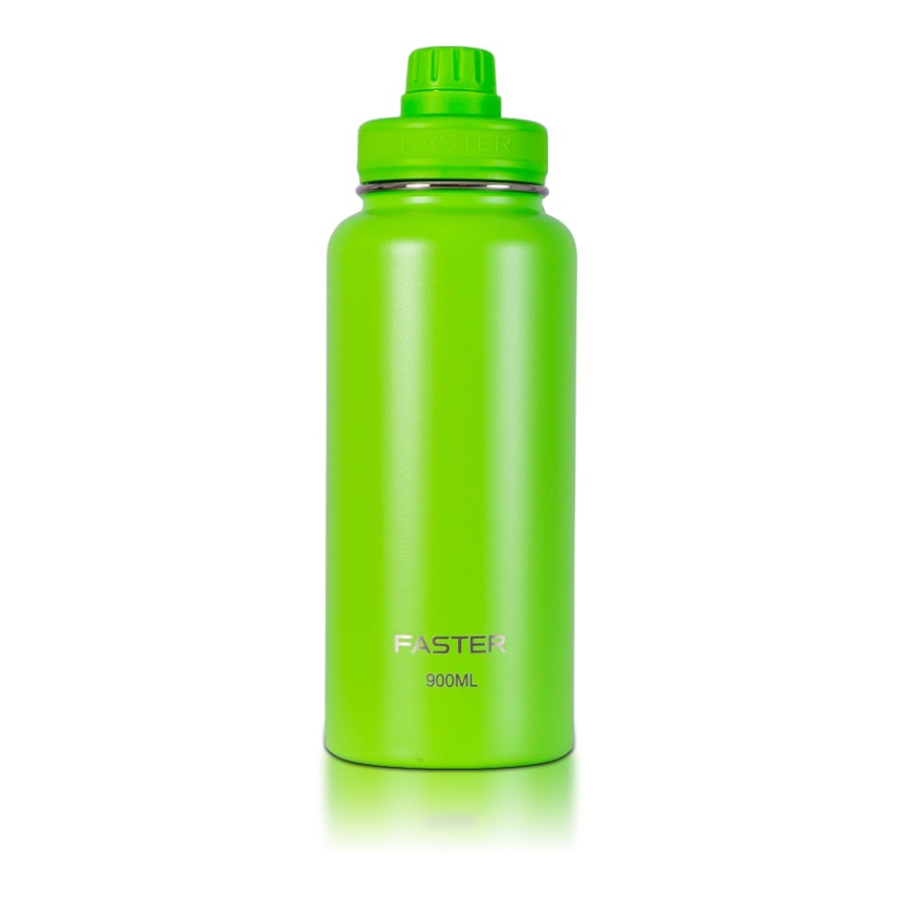 Garrafa Térmica Faster - 900ml verde para manter bebidas quentes por 12h e frias por 24h, design compacto e aço inoxidável.