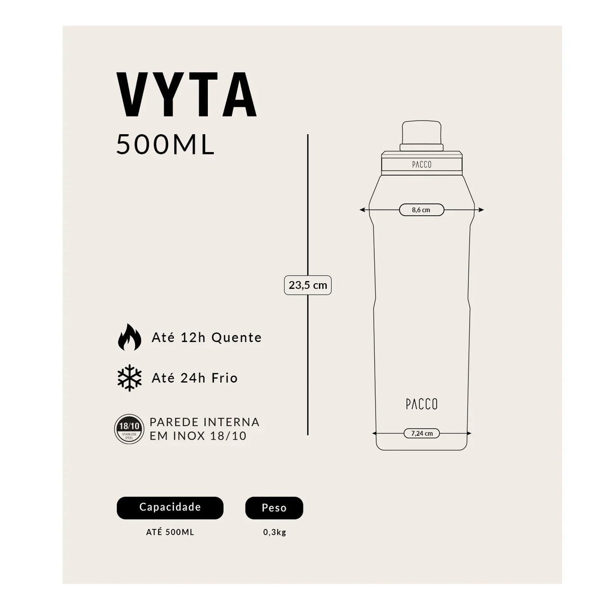 Garrafa Térmica PACCO Vyta 500ml Corações Preta Ouro Branco, tabela de medidas