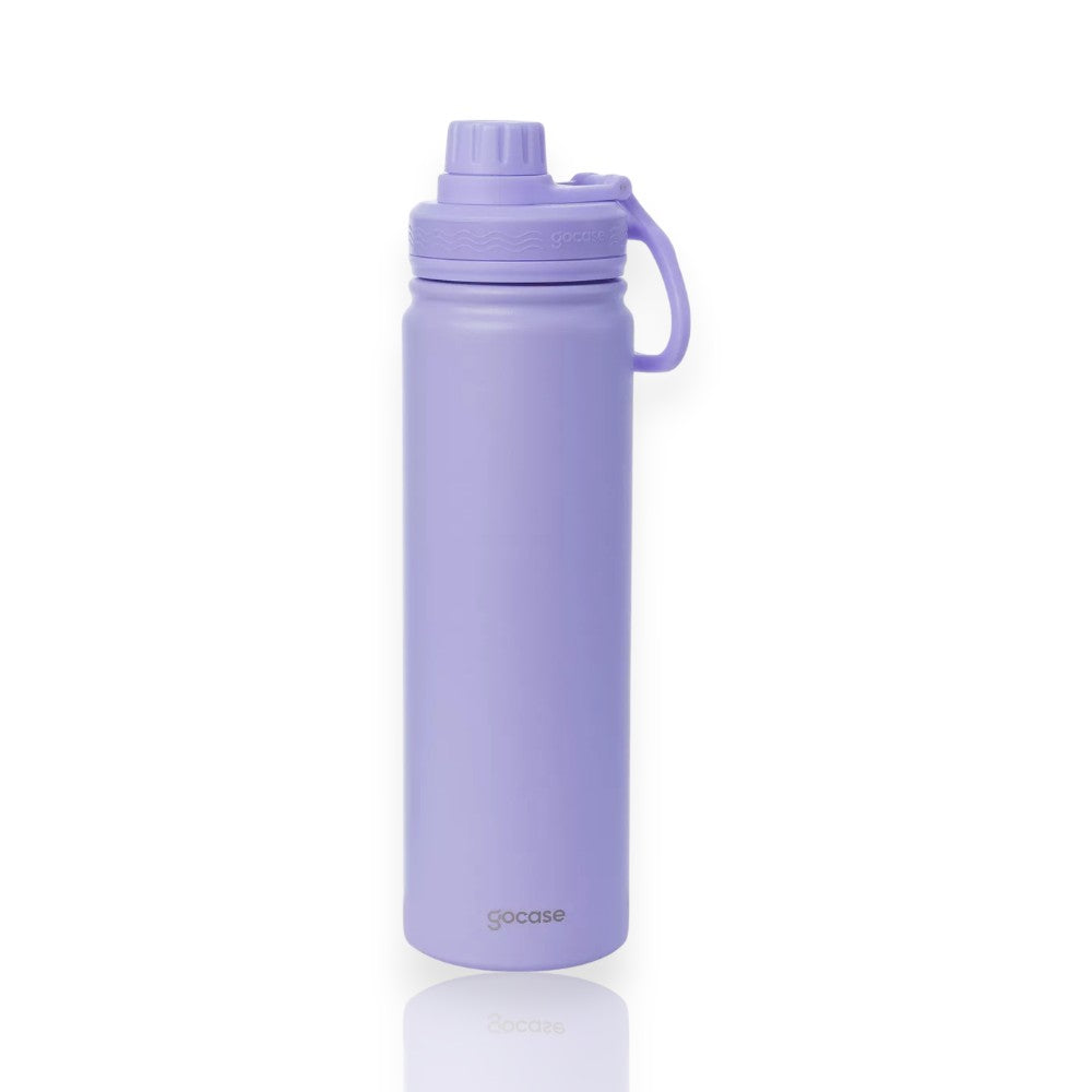 Garrafa Térmica Gocase Fresh - 650ml em inox lilás com alça embutida, mantendo bebidas quentes por 12h e frias por 24h.
