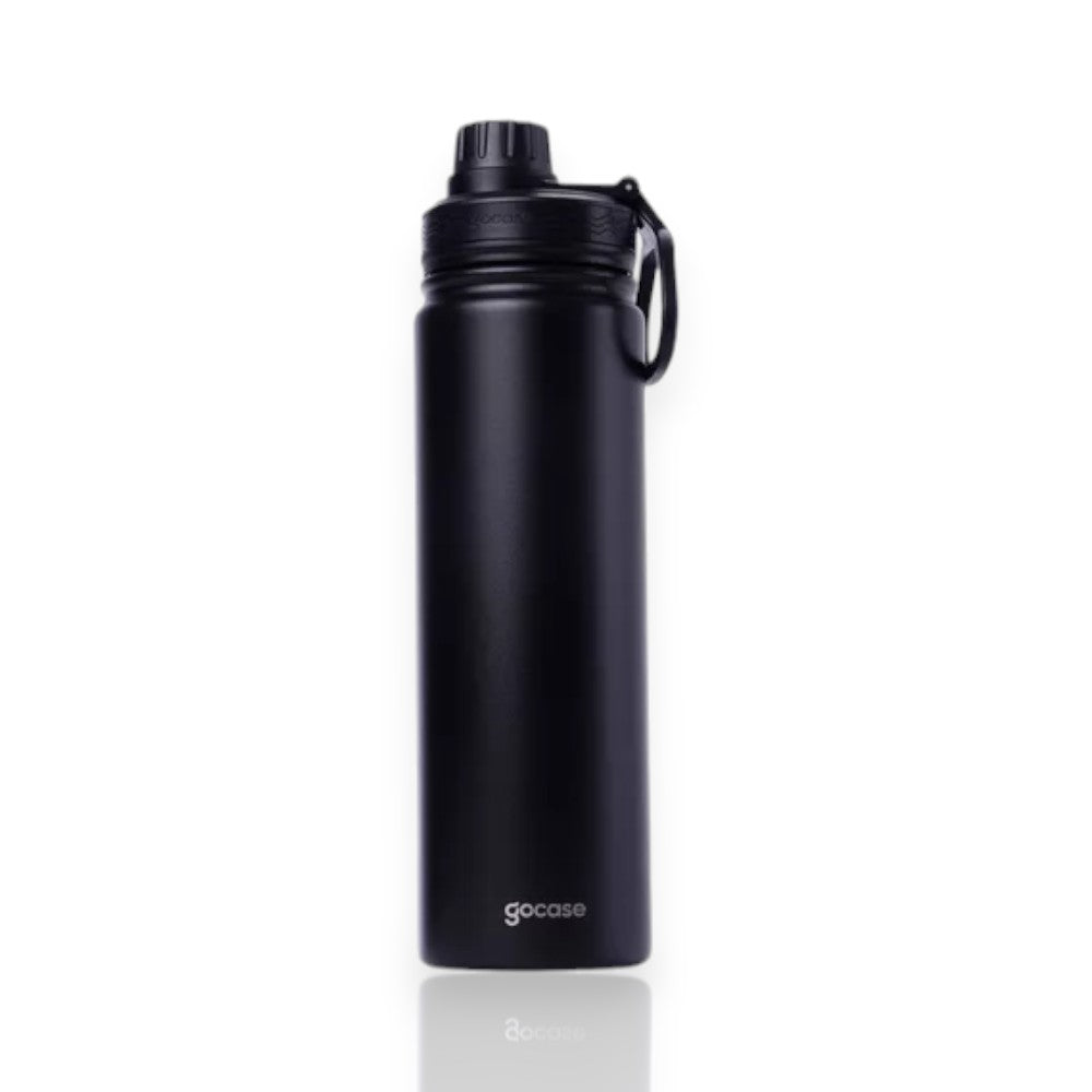Garrafa Térmica Gocase Fresh - 650ml, preta, com alça embutida e tampa rosqueável, ideal para manter bebidas quentes ou frias.