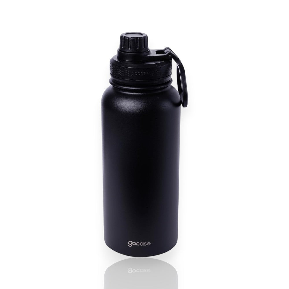 Garrafa Térmica Gocase Fresh - 950ml em aço inoxidável preto com isolamento a vácuo, ideal para manter bebidas quentes ou geladas.