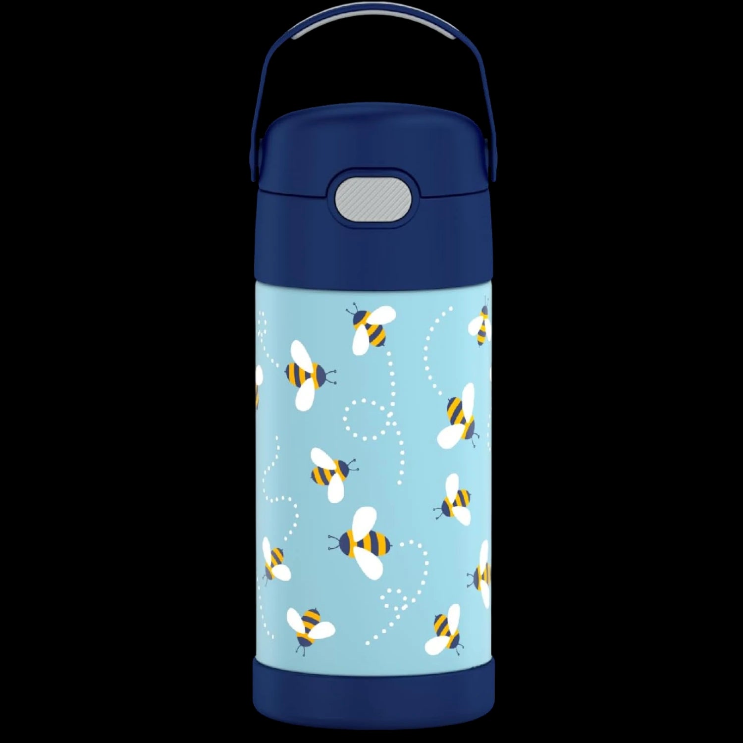 Garrafa Térmica Funtainer Thermos - 355ml com design de abelhas, ideal para bebidas frescas e seguras por até 12h, feita em aço inoxidável.