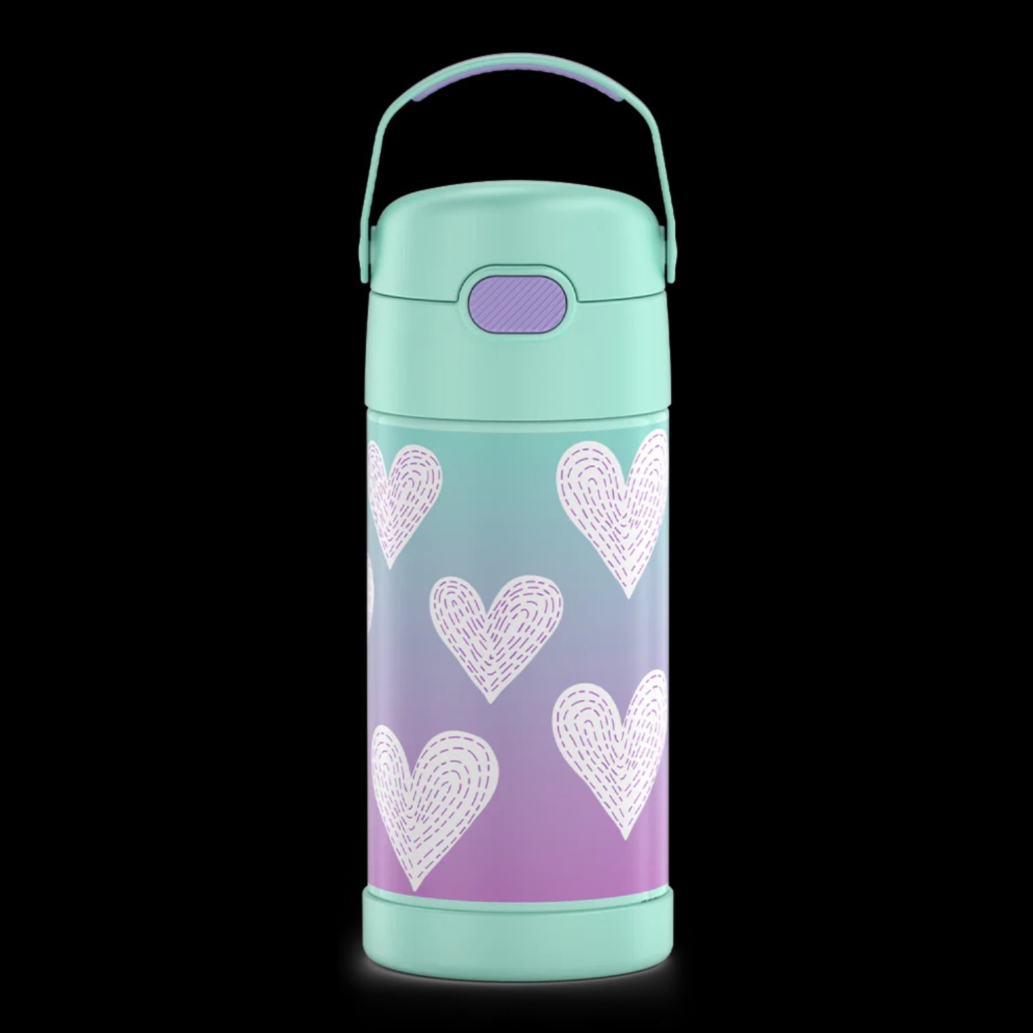 Garrafa Térmica Funtainer Thermos - 355ml com design infantil de corações, ideal para manter bebidas frescas por 12 horas.