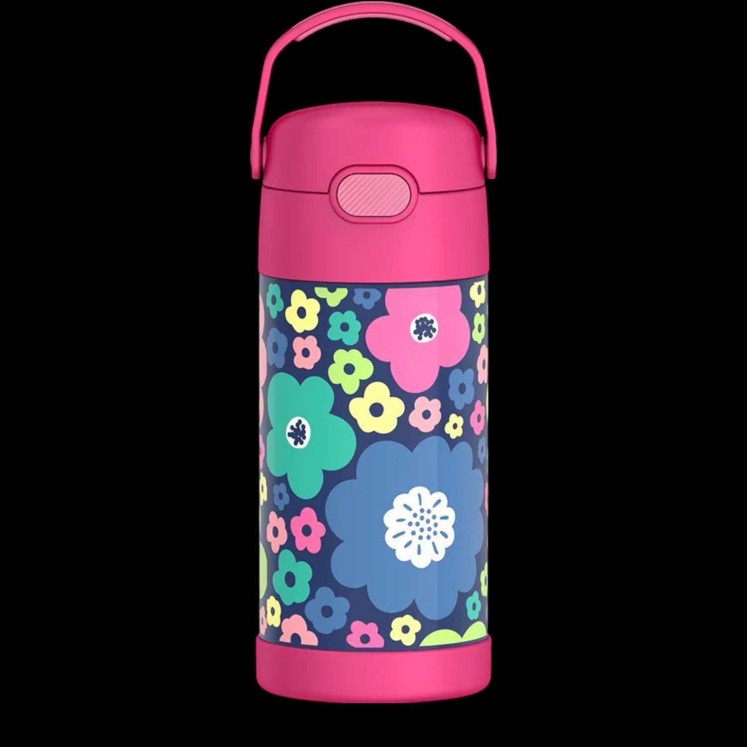 Garrafa Térmica Funtainer Thermos - 355ml com design floral colorido, ideal para manter bebidas frias por 12 horas, seguro para crianças.