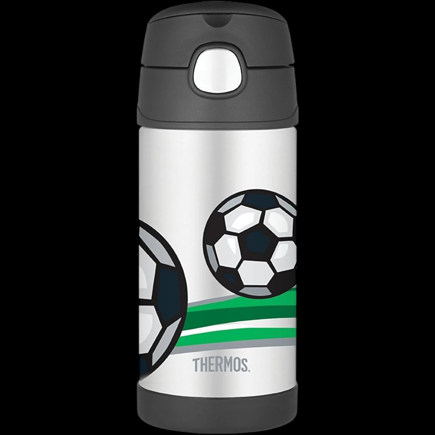 Garrafa Térmica Funtainer Thermos - 355ml com design de bolas de futebol para crianças, mantém bebidas frias por 12 horas, aço inoxidável.