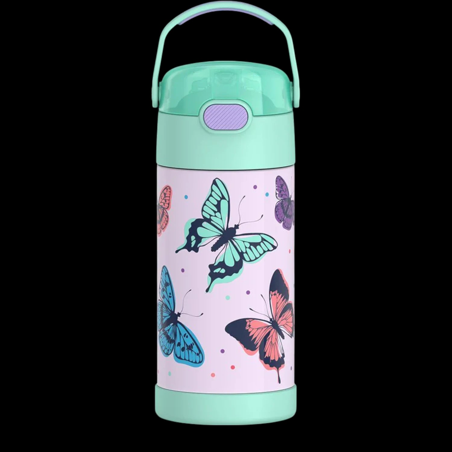 Garrafa Térmica Funtainer Thermos - 355ml para crianças, decoração de borboletas, aço inoxidável, 12h frio