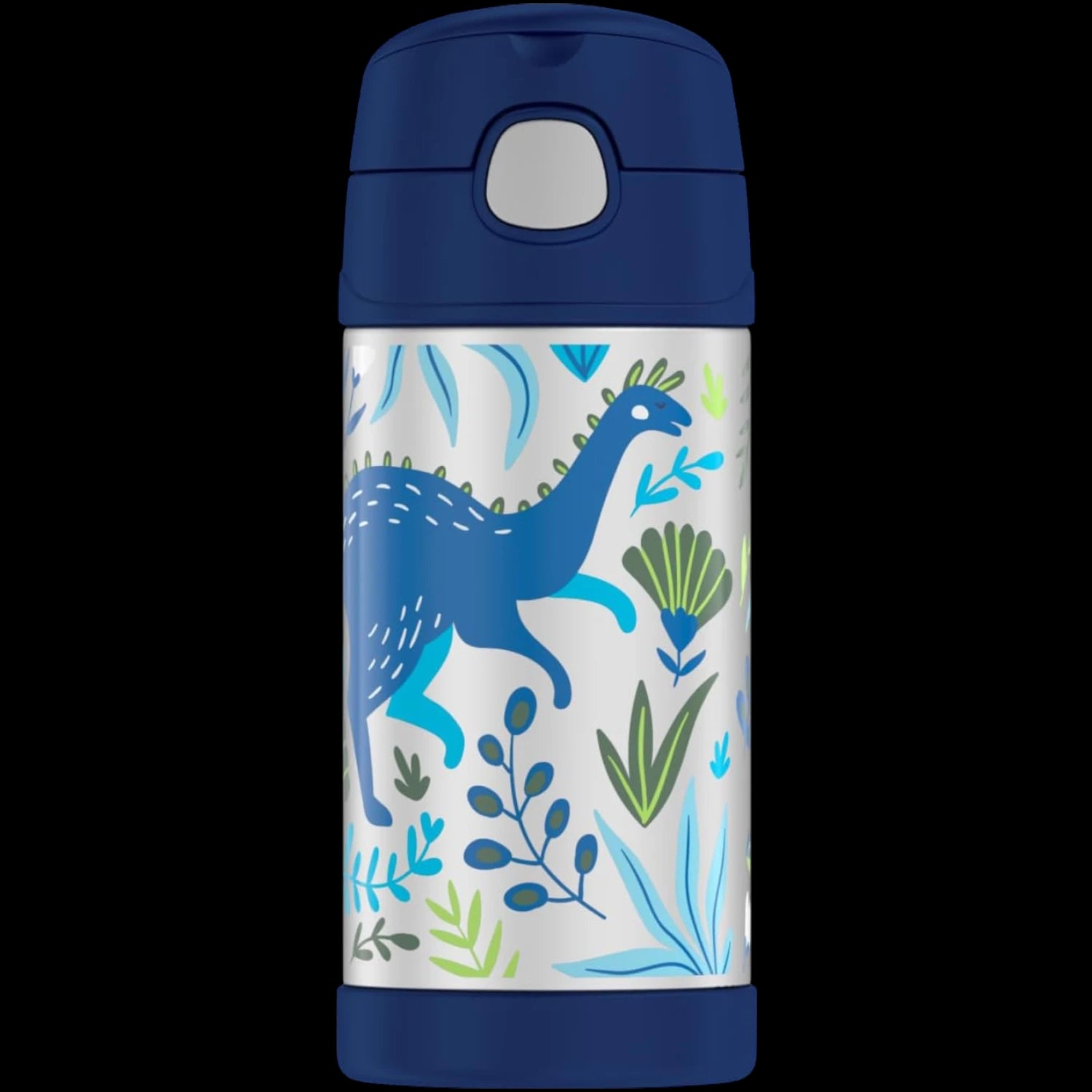 Garrafa Térmica Funtainer Thermos - 355ml com design infantil de dinossauro azul, ideal para manter bebidas frias por até 12 horas.