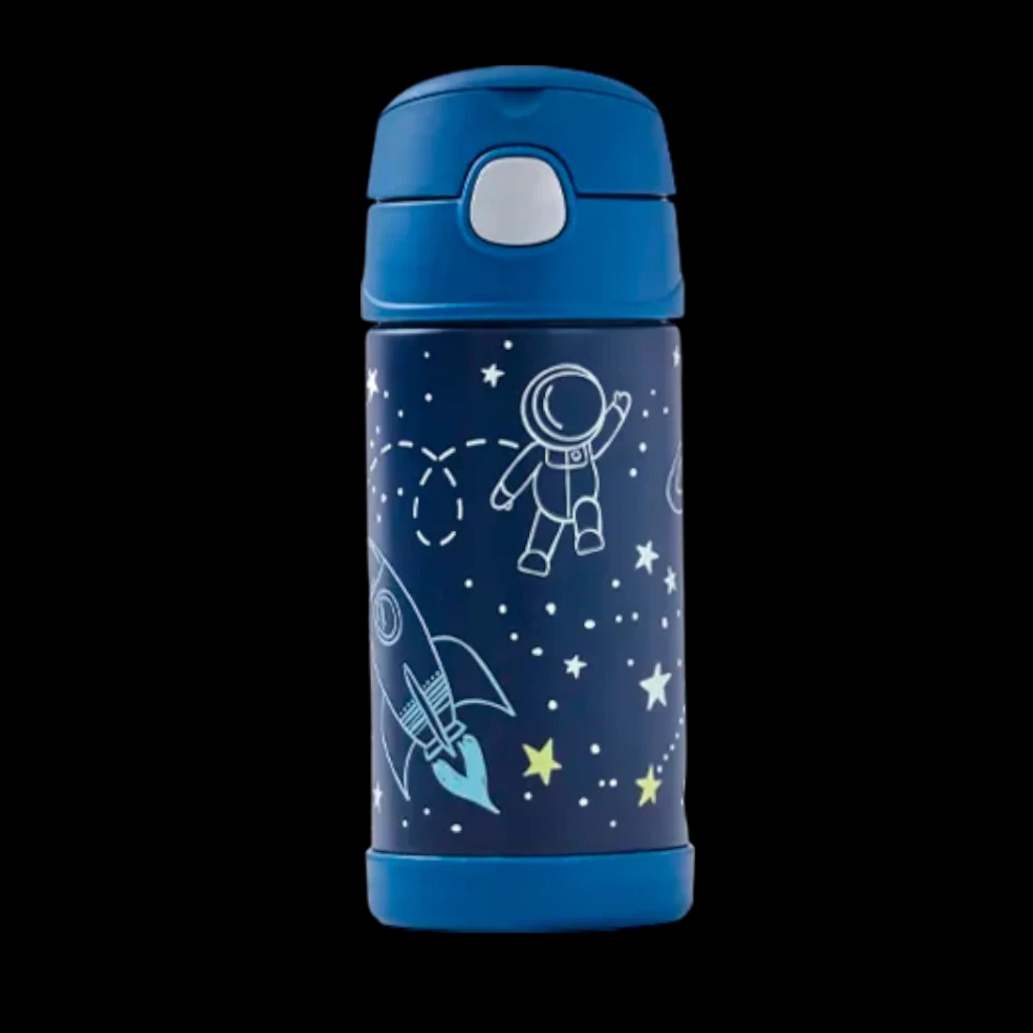 Garrafa Térmica Funtainer Thermos - 355ml com design infantil de astronauta e foguete, ideal para manter bebidas frias por 12 horas.