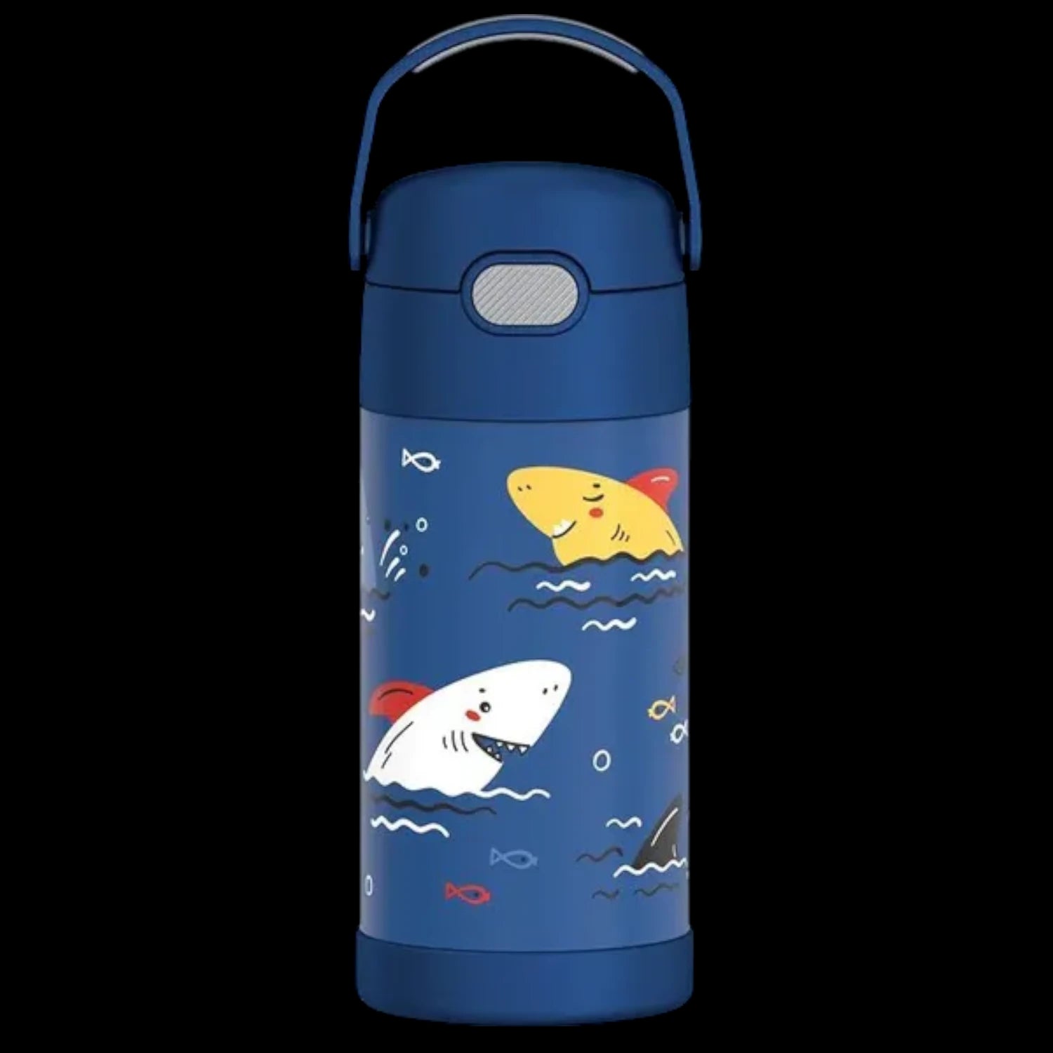 Garrafa Térmica Funtainer Thermos - 355ml para crianças com estampa de tubarões, mantém a bebida gelada por até 12 horas.
