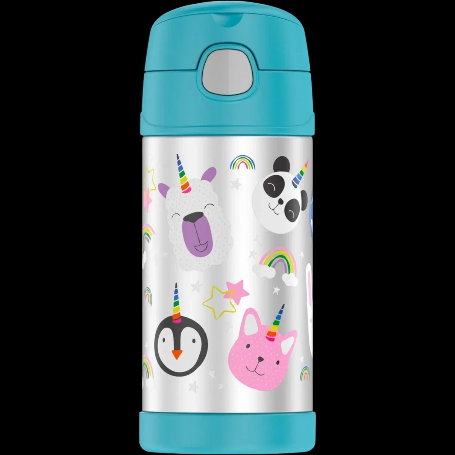 Garrafa Térmica Funtainer Thermos - 355ml com design infantil de animais coloridos e tampa azul claro, mantém líquidos frios por 12 horas.