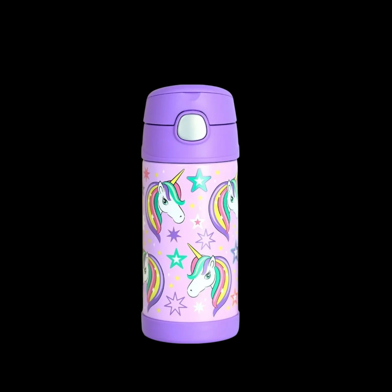 Garrafa Térmica Funtainer Thermos - 355ml com design de unicórnios coloridos, ideal para manter bebidas infantis frescas por até 12 horas.