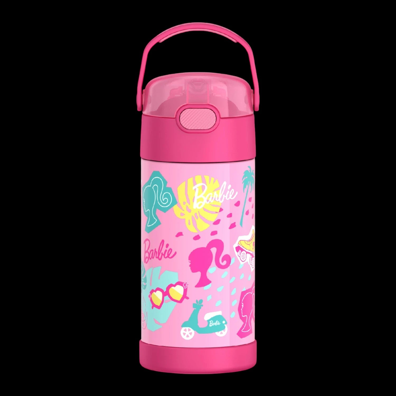 Garrafa Térmica Funtainer Thermos - 355ml, rosa com estampas coloridas de Barbie, ideal para manter bebidas frias por até 12 horas.