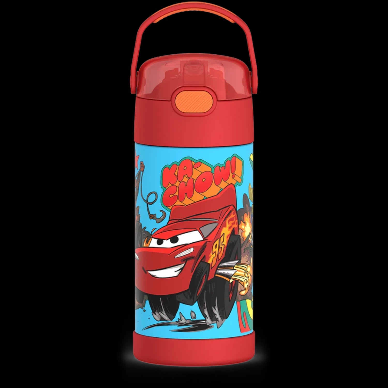 Garrafa Térmica Funtainer Thermos - 355ml infantil com tema de carro vermelho, ideal para manter bebidas frias por 12 horas.