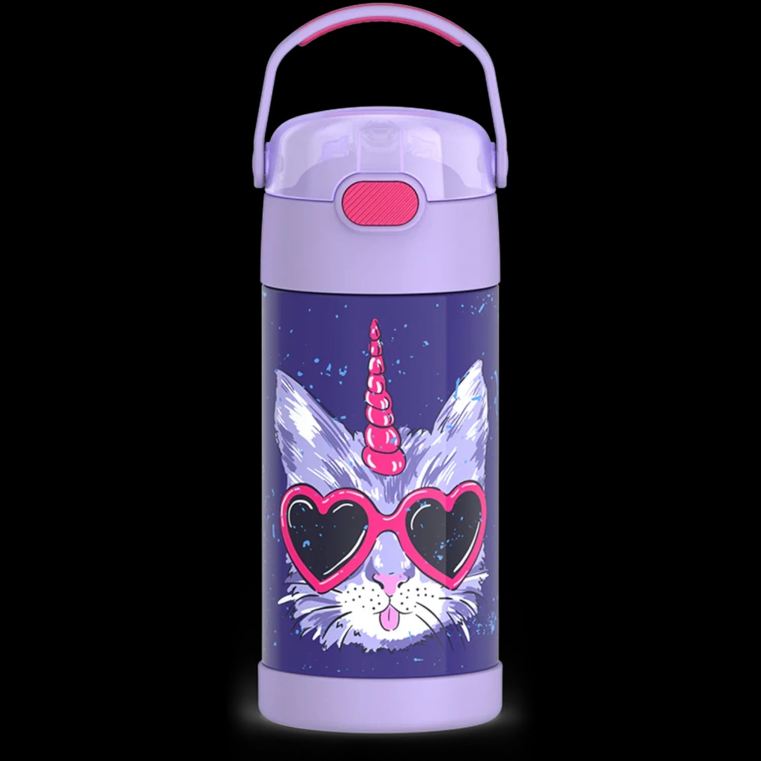 Garrafa Térmica Funtainer Thermos - 355ml infantil roxa com desenho de gato e óculos de coração, ideal para manter a bebida gelada por 12h.