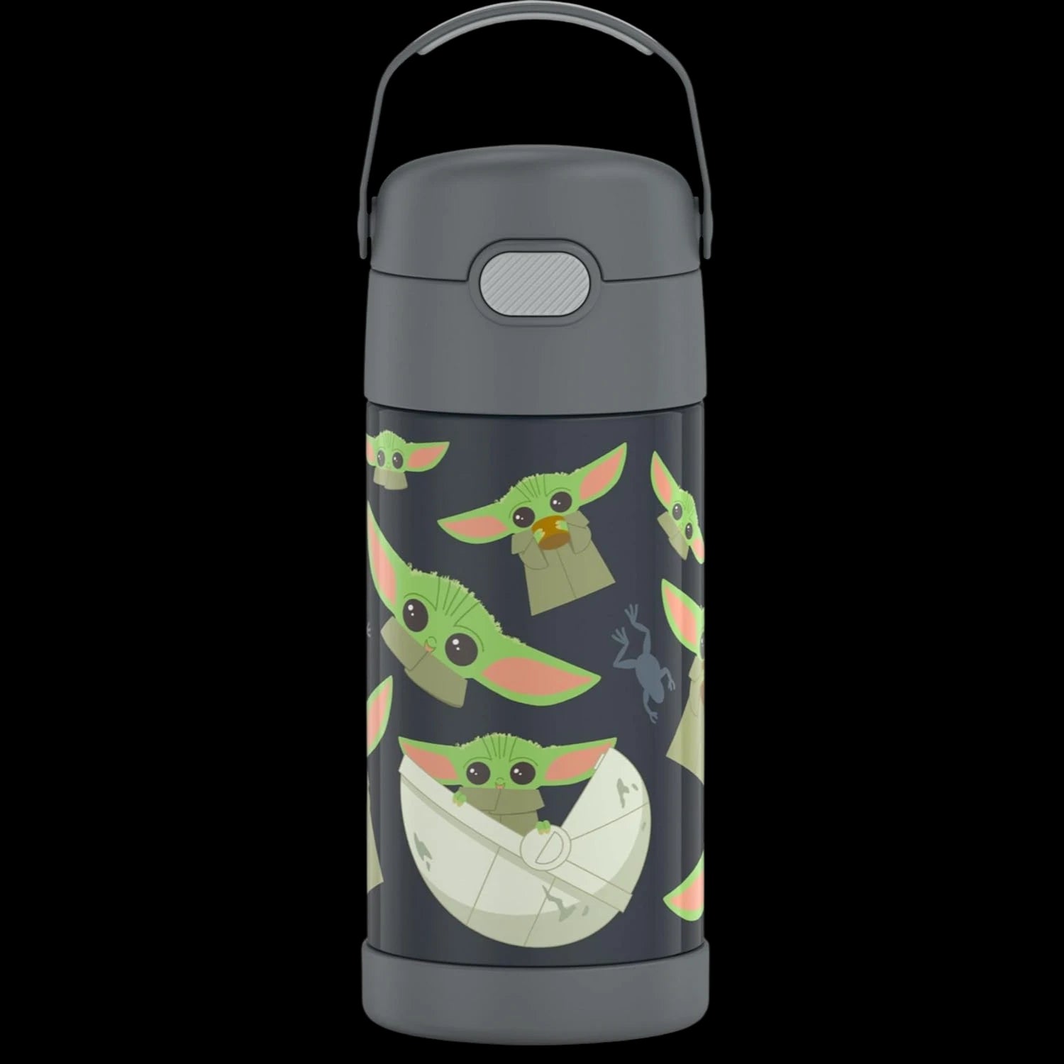 Garrafa Térmica Funtainer Thermos - 355ml para crianças com estampa divertida de personagem verde, ideal para manter bebidas geladas por 12 horas.