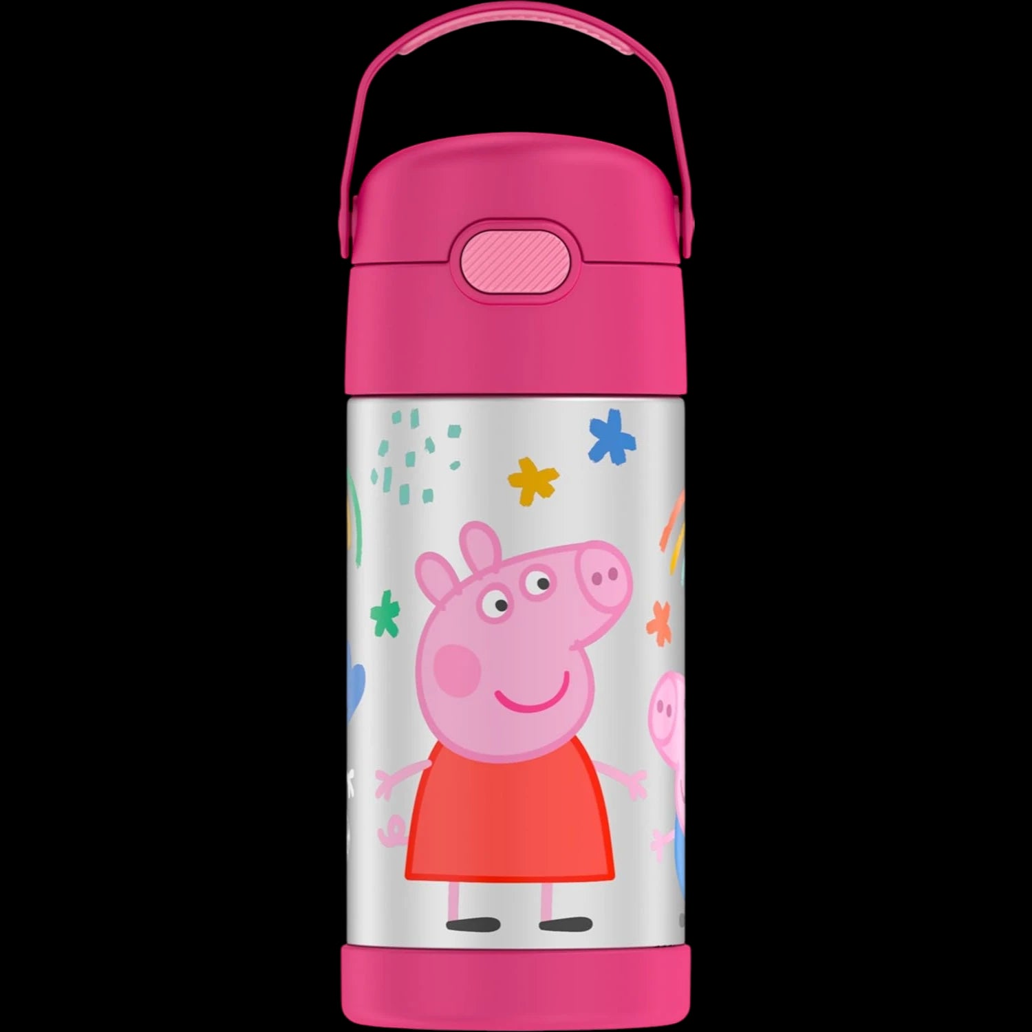Garrafa Térmica Funtainer Thermos - 355ml com design infantil rosa de personagem animada, ideal para manter bebidas frias por 12h.