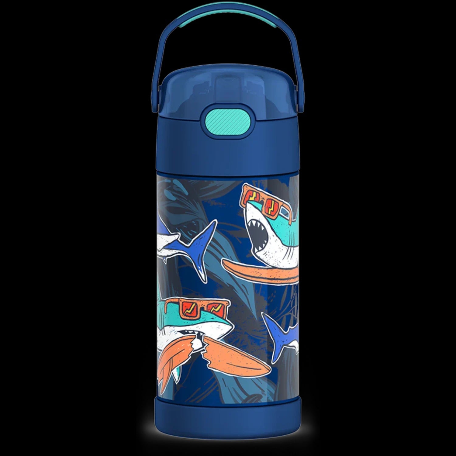 Garrafa Térmica Funtainer Thermos - 355ml com design infantil de tubarão, ideal para manter bebidas frescas por 12 horas.