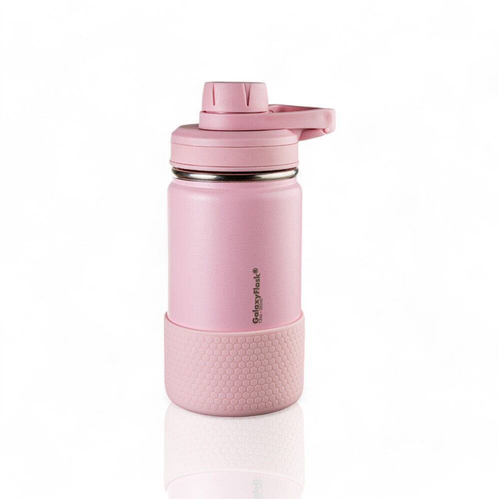 Garrafa Térmica GalaxyFlask® - 380ml em rosa, mantendo temperatura excepcionalmente com design robusto e material inoxidável.