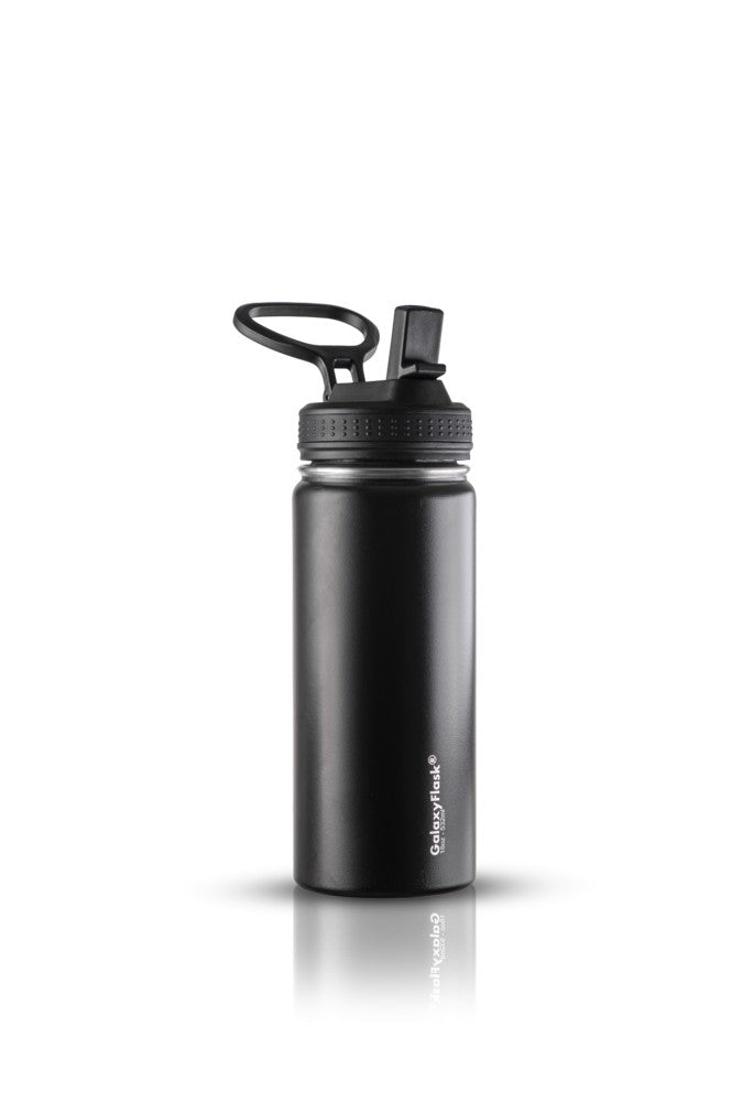 Garrafa Térmica GalaxyFlask® 532 - Canudo em aço inoxidável com tampa Spout Lid preta, conserva bebidas quentes e frias.